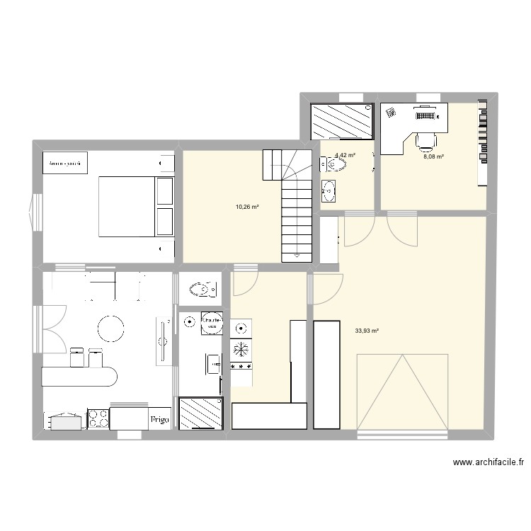 Sous sol. Plan de 4 pièces et 57 m2