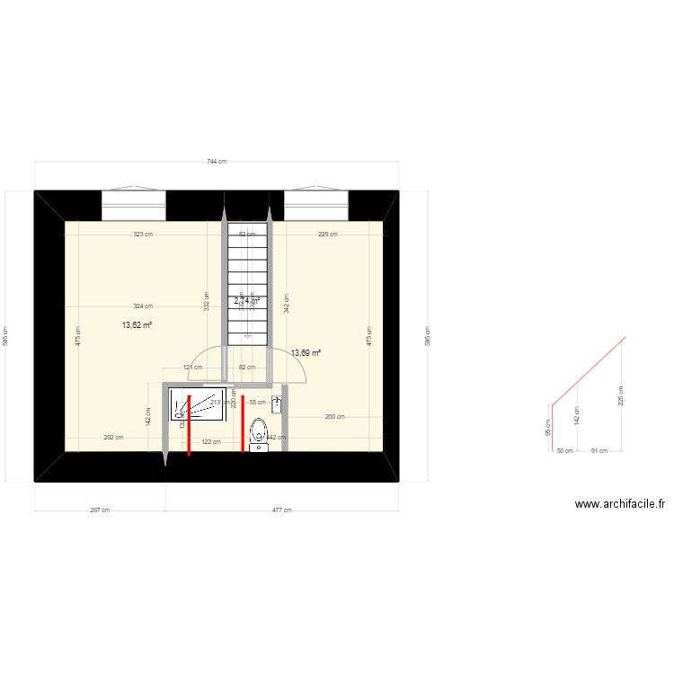 lesco étage nouveau 2 douche poutre. Plan de 3 pièces et 30 m2