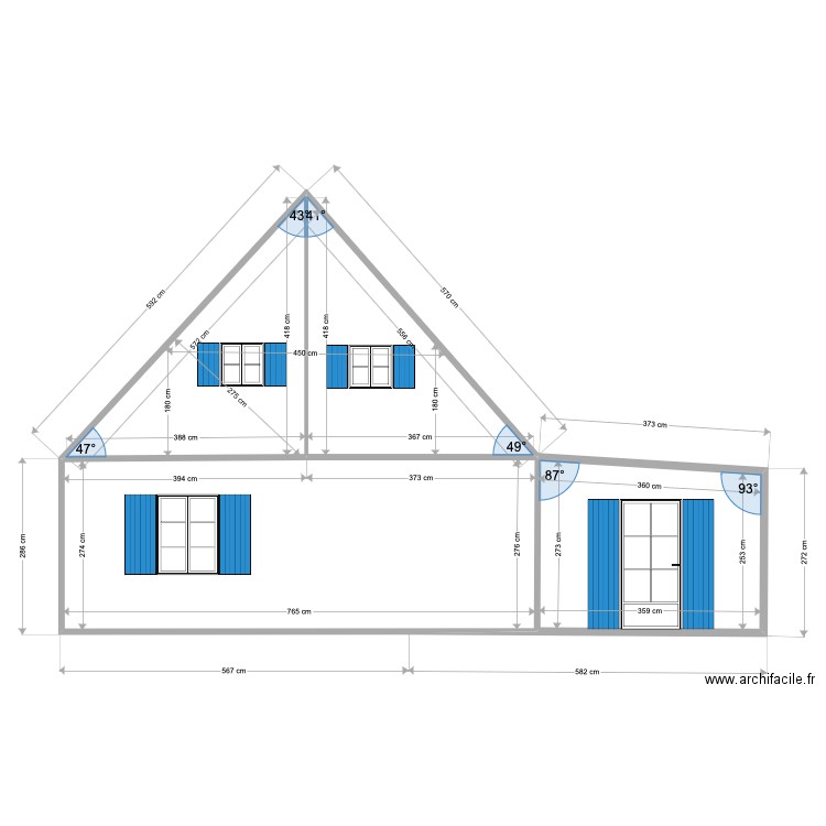 Facade NORD  état projeté avec extension et PF. Plan de 4 pièces et 46 m2