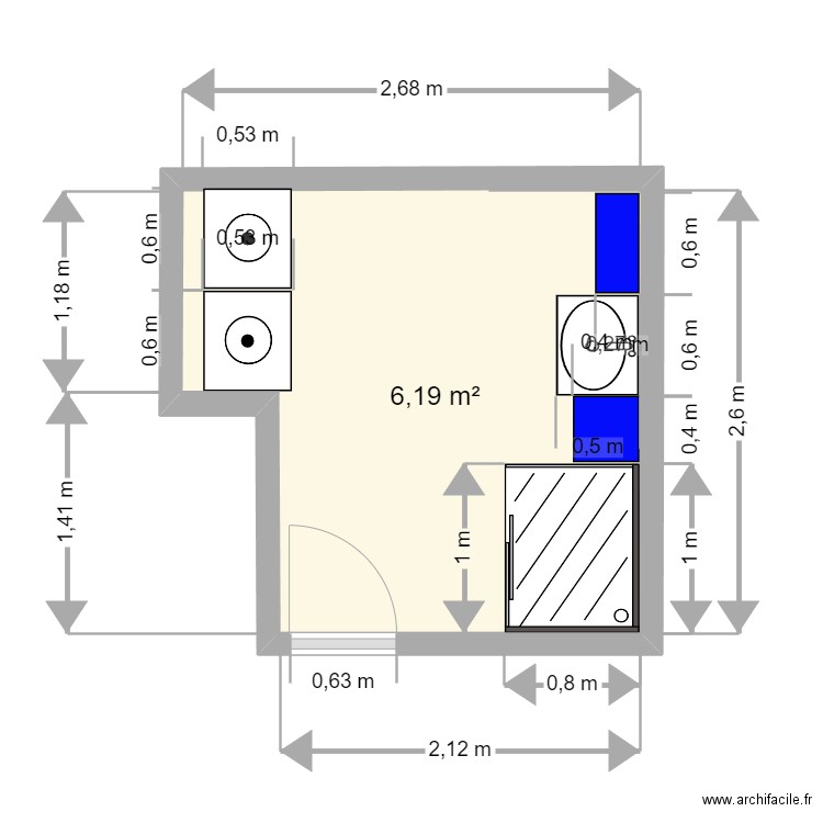 SDB TESSERON. Plan de 1 pièce et 6 m2