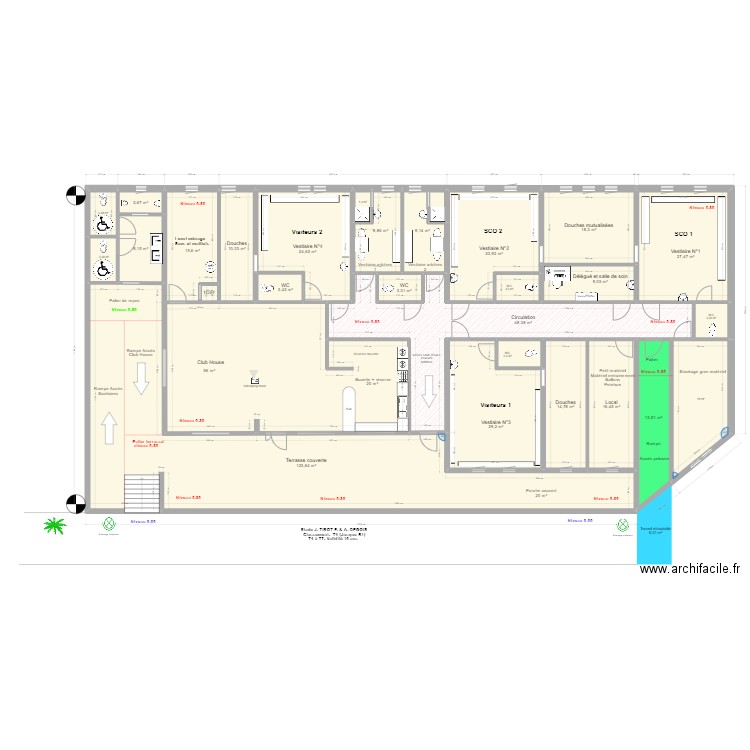 Projet vestiaire V3 vestiaires mutualisés. Plan de 27 pièces et 525 m2