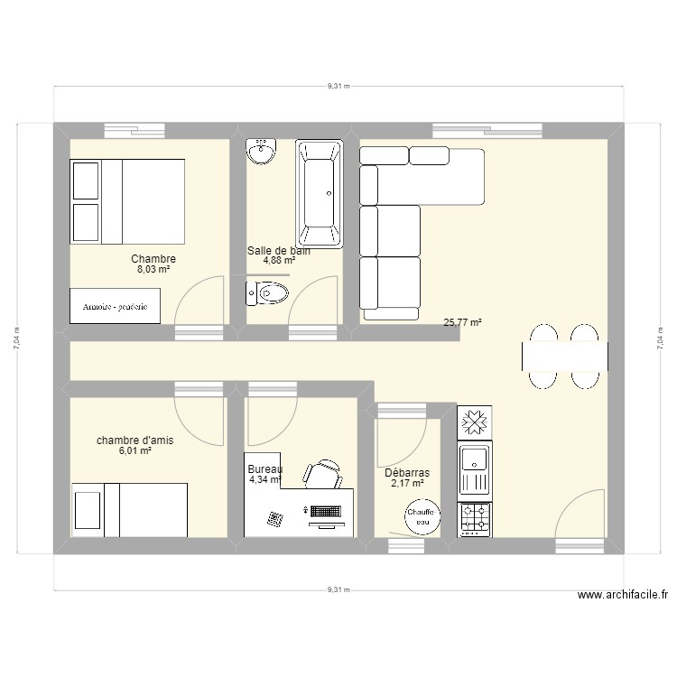 maison plain pied 2. Plan de 6 pièces et 51 m2