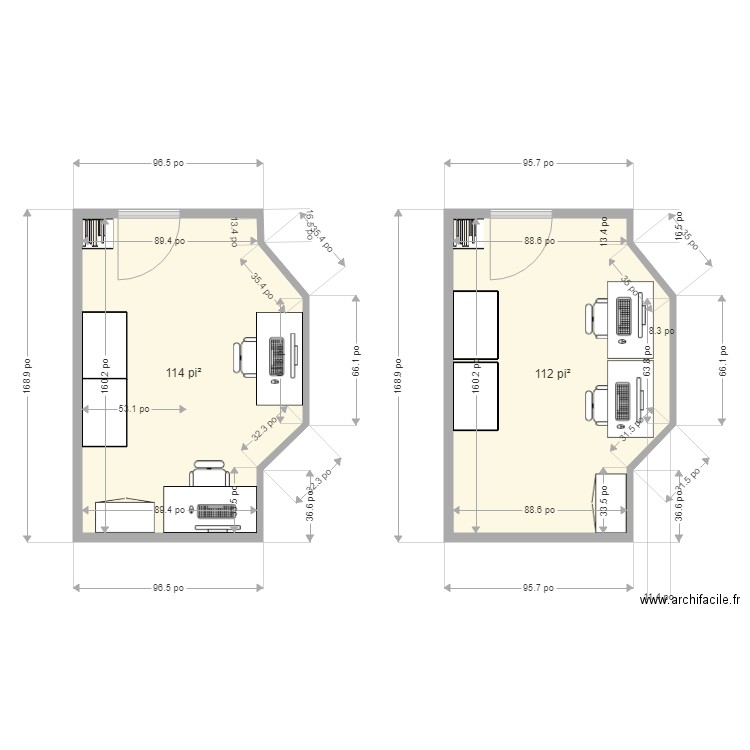 BUREAU DU BLAINVILLIER. Plan de 2 pièces et 21 m2