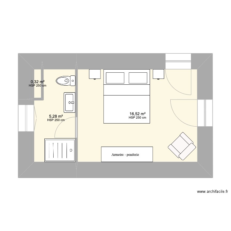 Chambre Principale + SDB 160. Plan de 3 pièces et 22 m2