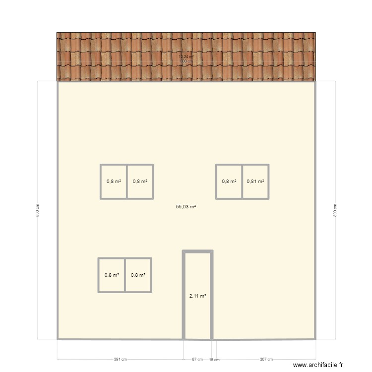 DP4 - façade avant (avant extension). Plan de 8 pièces et 67 m2