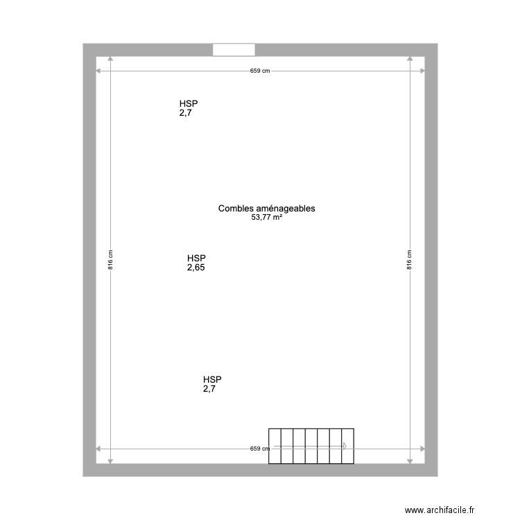 Combles aménageables RP. Plan de 1 pièce et 54 m2