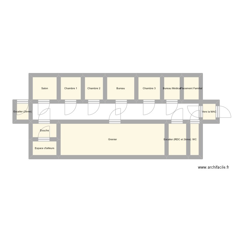 1er étage MECS. Plan de 14 pièces et 41 m2