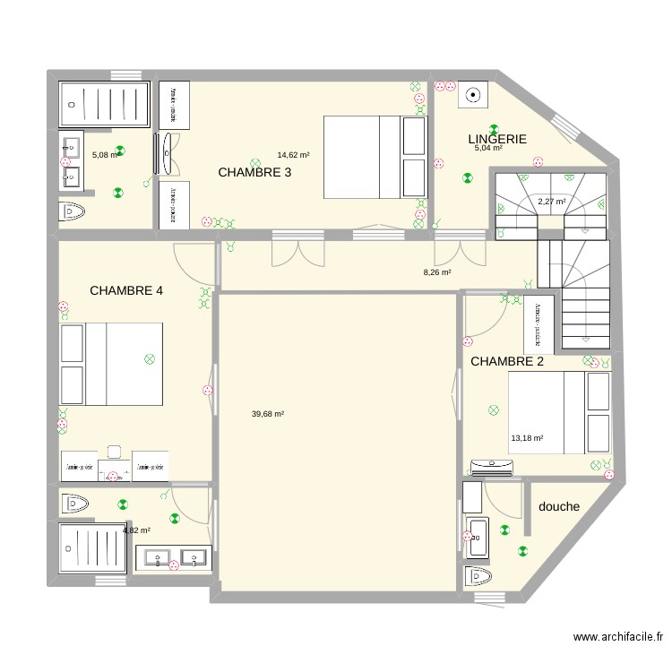 Kasbah Etage. Plan de 8 pièces et 93 m2