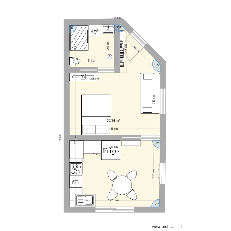 Le 44. Plan de 1 pièce et 32 m2