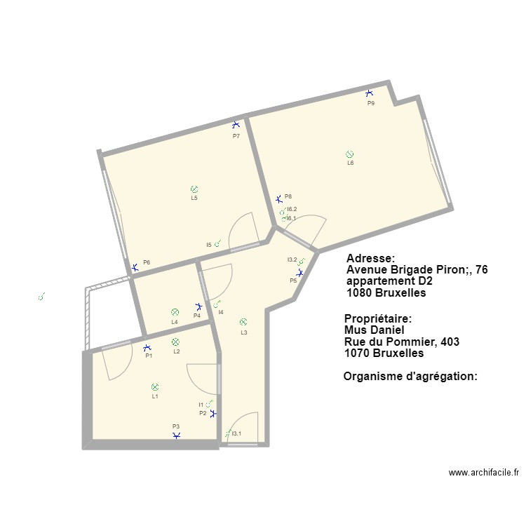 Apparrtement Brigade Piron 76 schema d'implantation electrique. Plan de 5 pièces et 48 m2
