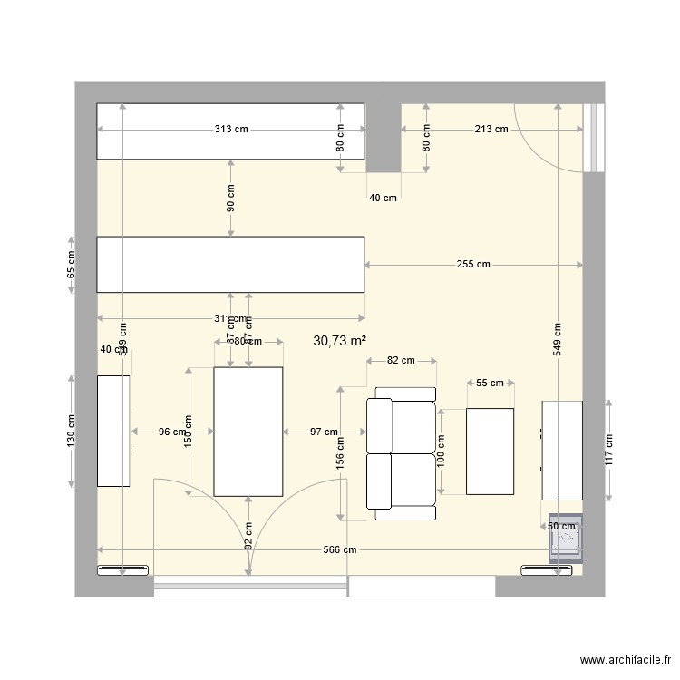 Cuisine parallèle. Plan de 1 pièce et 31 m2