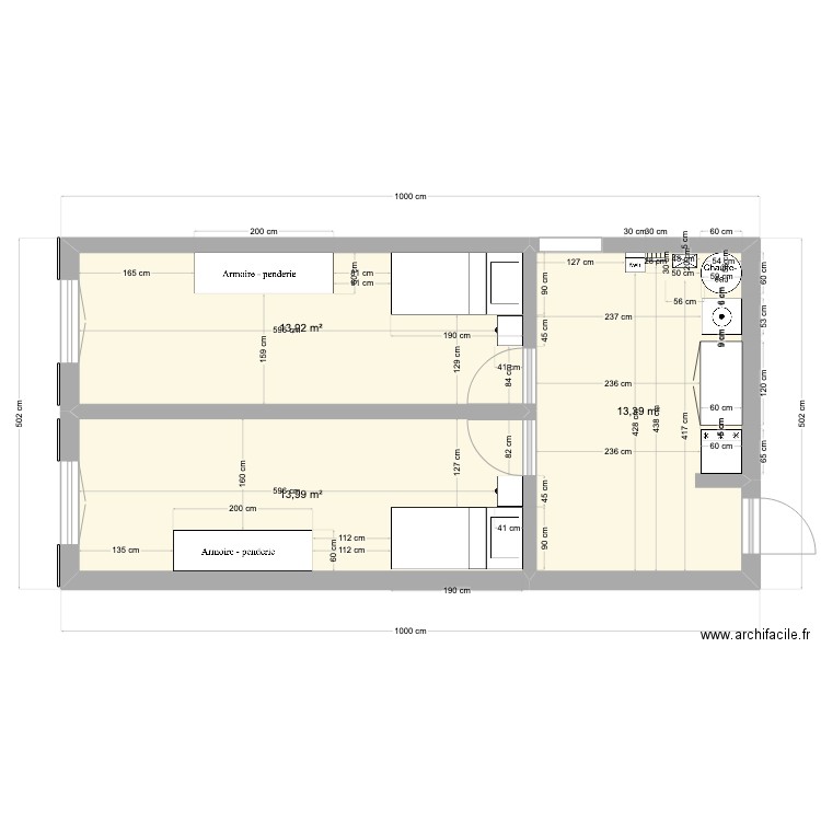 buandrie . Plan de 3 pièces et 41 m2