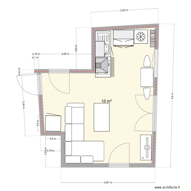 option 1. Plan de 1 pièce et 18 m2