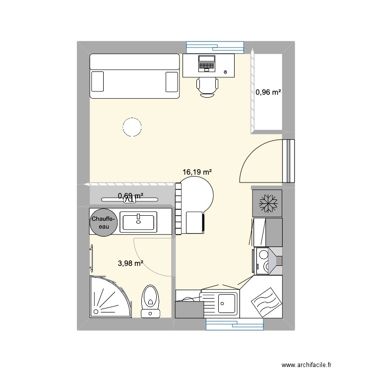 STUDIO ZZ. Plan de 4 pièces et 22 m2