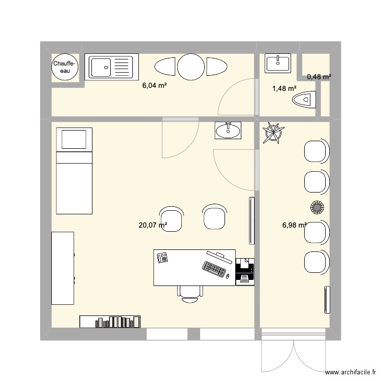 Plan Local CMCT aménagé. Plan de 5 pièces et 35 m2