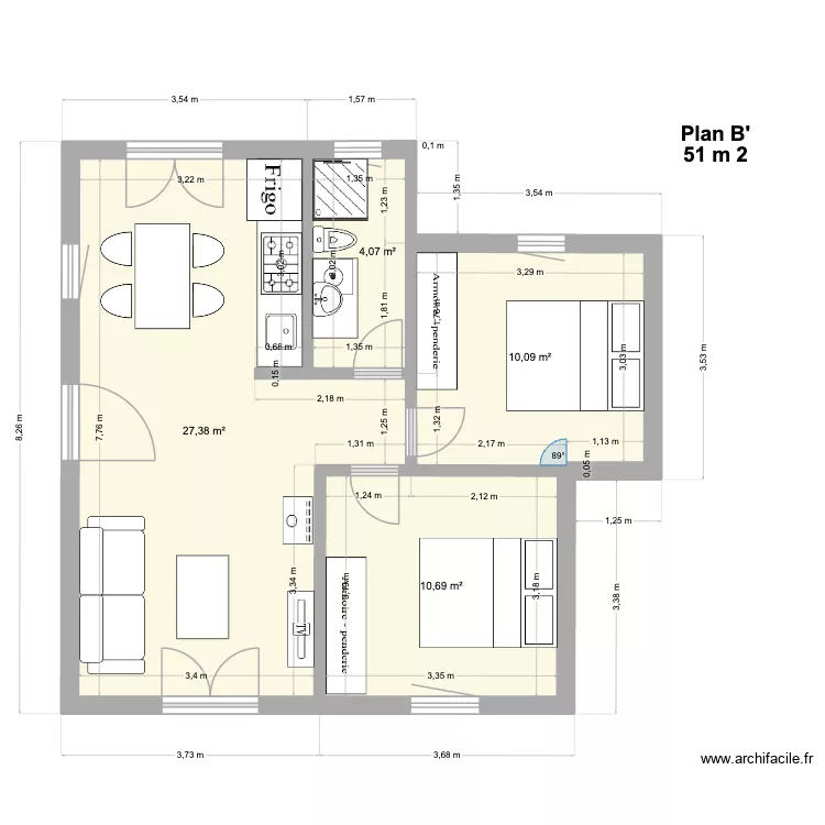 Pallier plan B\' 51 m2. Plan de 4 pièces et 52 m² Pallier plan B\' 51 m2. Plan de 4 pièces et 52 m²