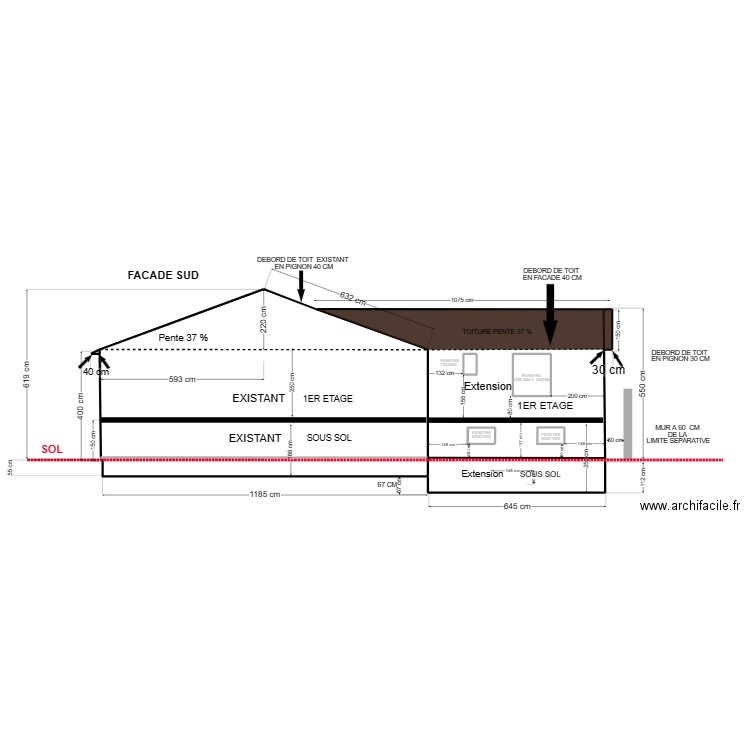 Plan de coupe de la façade sud . Plan de 7 pièces et 109 m2