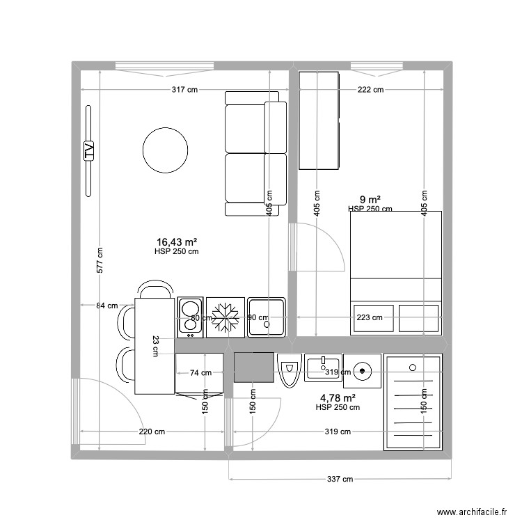 PLAN BELLECOMBE - AMENAGEMENT 2. Plan de 3 pièces et 30 m2