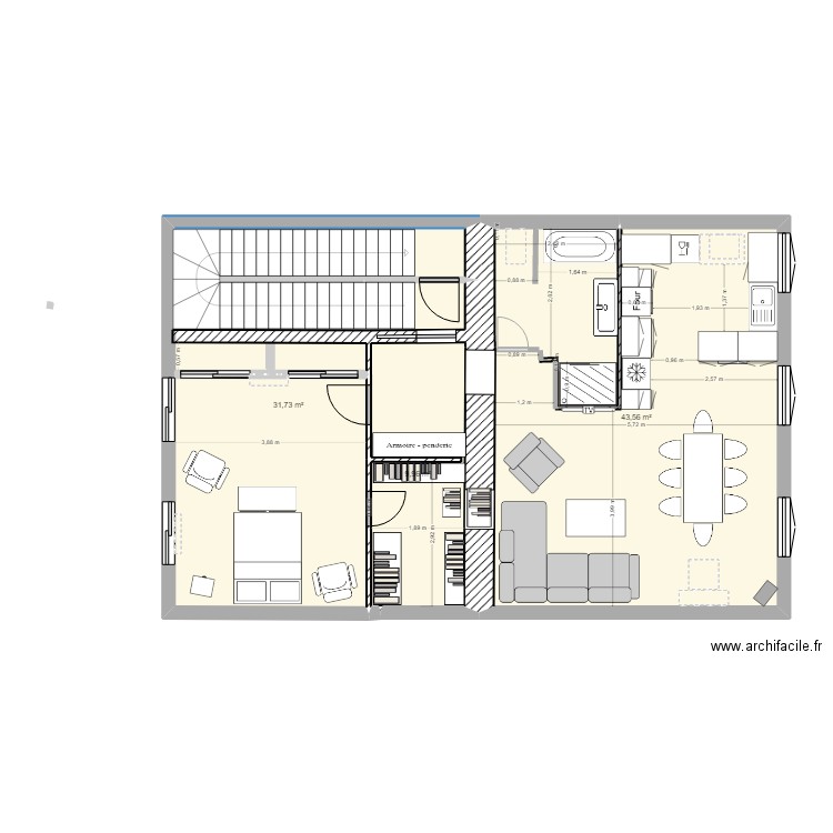 APPART DUPLEX ETAGE 1. Plan de 3 pièces et 85 m2