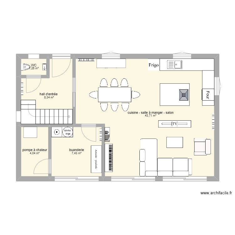 rez de chaussée maison. Plan de 5 pièces et 65 m2