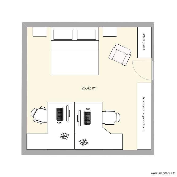 Denens - Chambre à l'étage. Plan de 1 pièce et 26 m2