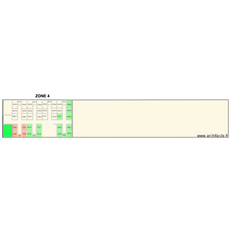 Situation des box ZONE 4. Plan de 47 pièces et 1177 m2