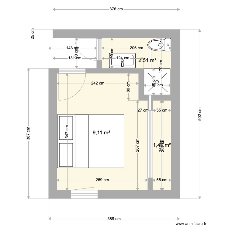 Chambre 4 . Plan de 3 pièces et 13 m2