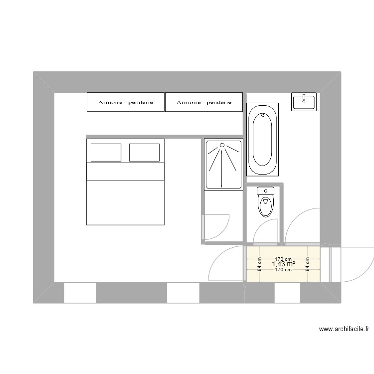 chambre dressing SdB 2. Plan de 1 pièce et 1 m2