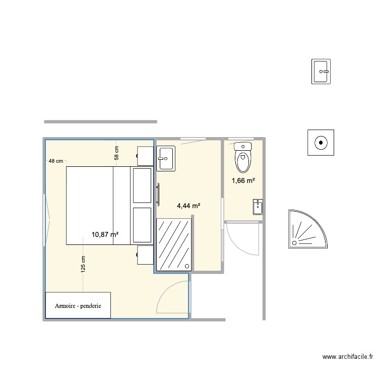 Chambre parentale version 1 bis. Plan de 3 pièces et 17 m2