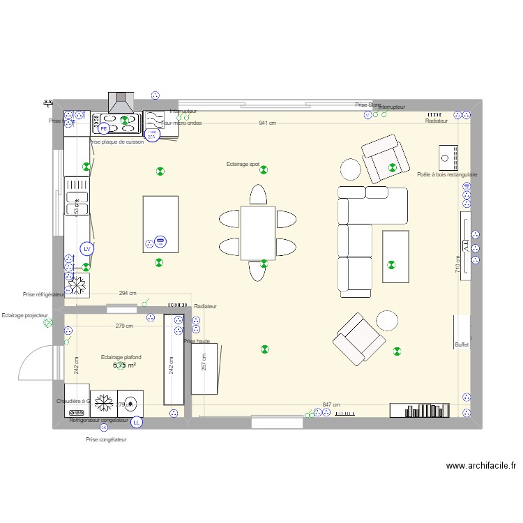 cuisine salon v2. Plan de 2 pièces et 66 m2