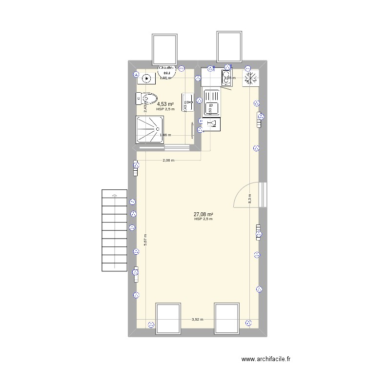 Studio. Plan de 2 pièces et 32 m2