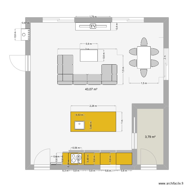 Salon. Plan de 2 pièces et 47 m2