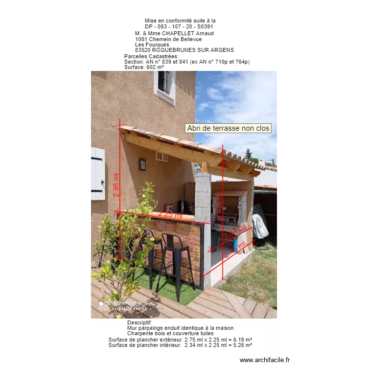 Abri de terrasse non clos. Plan de 