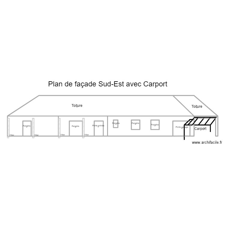 Facade Sud-Est avec carport. Plan de 26 pièces et 55 m2