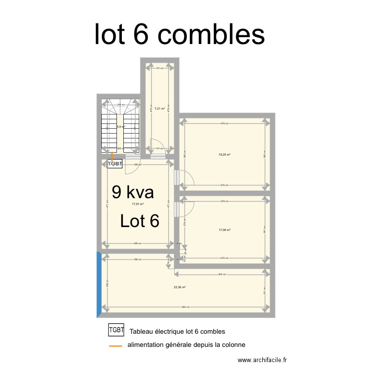 Plan existant comble . Plan de 6 pièces et 90 m2