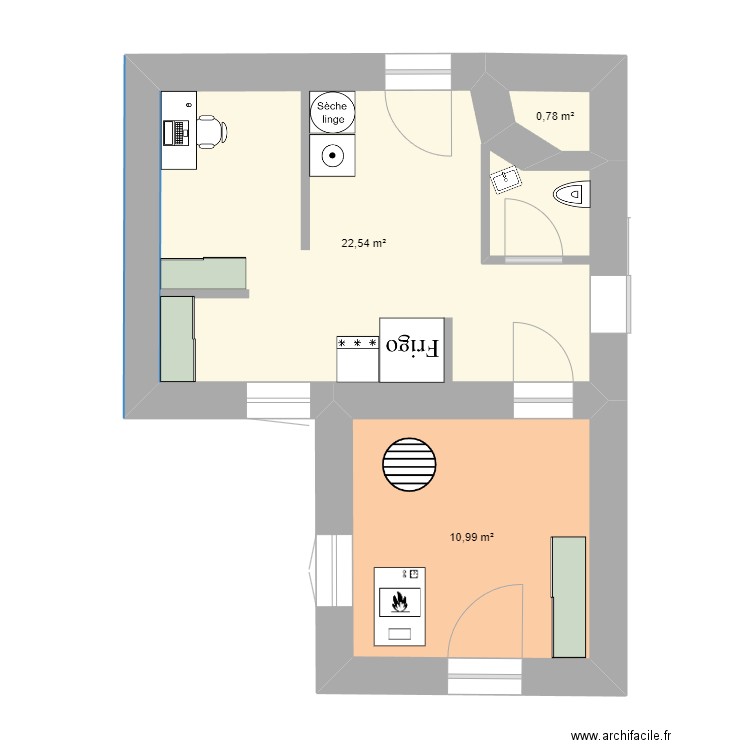 RDC damien. Plan de 3 pièces et 34 m2