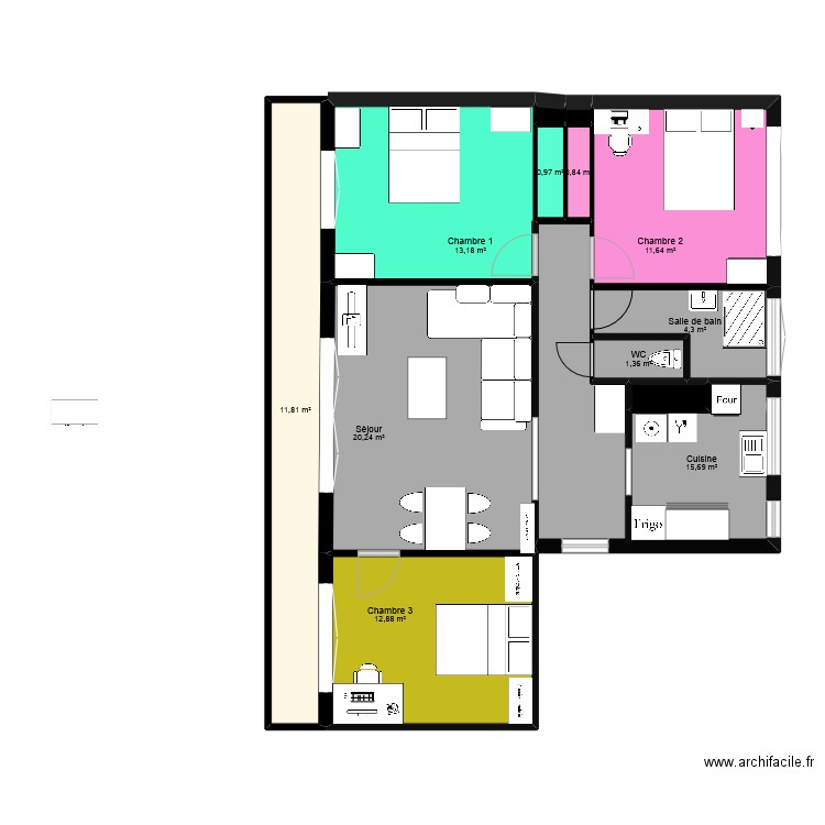 A.Brunaud. Plan de 13 pièces et 94 m2