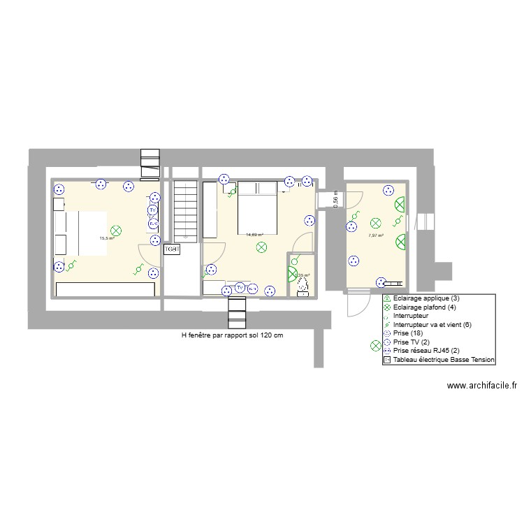 combles aménagés. Plan de 4 pièces et 40 m2