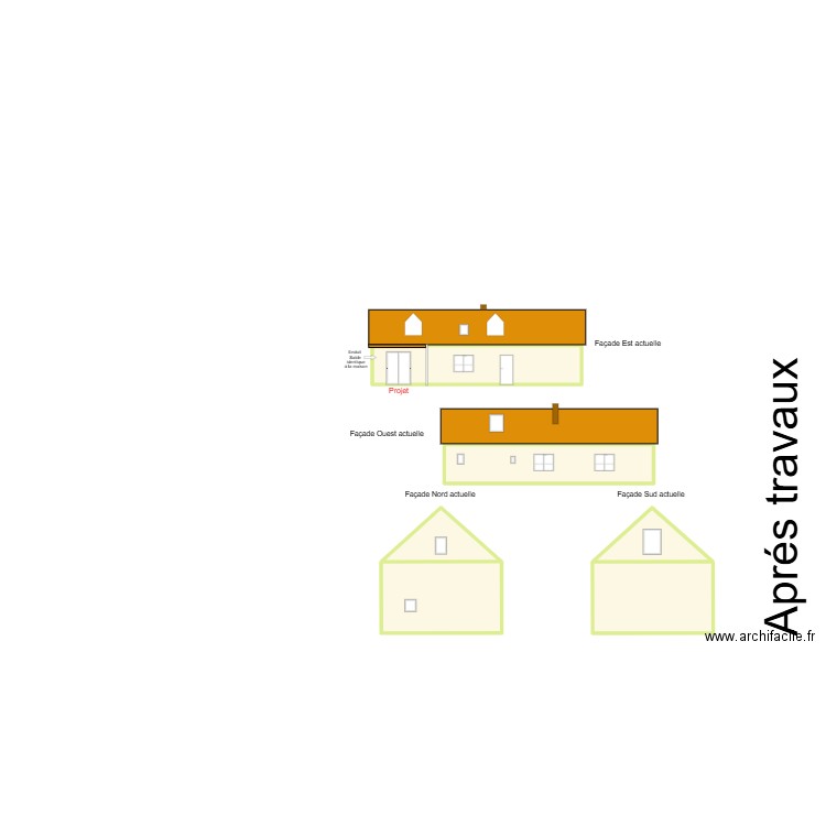 Plan de facade et toiture moune. Plan de 6 pièces et 169 m2