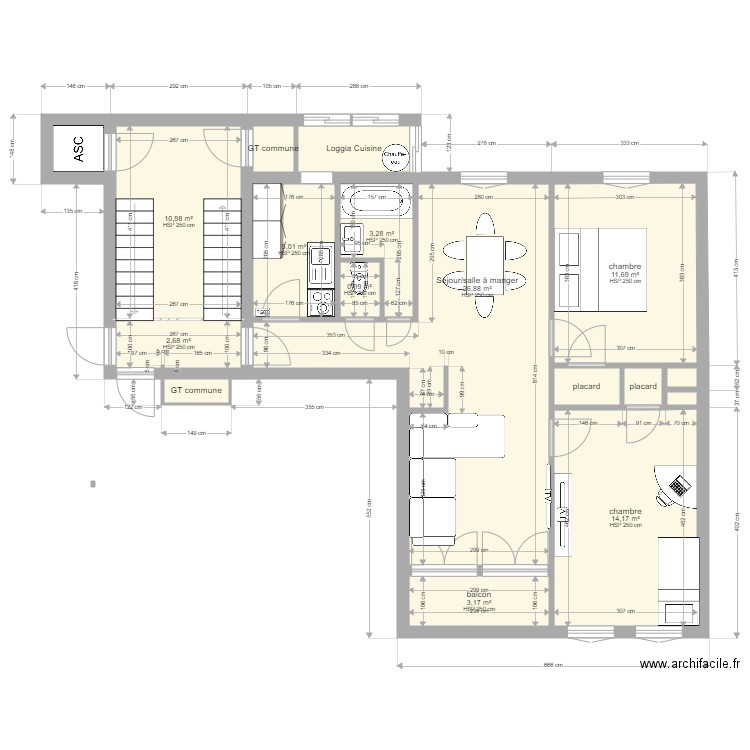 pauriol2. Plan de 17 pièces et 86 m2