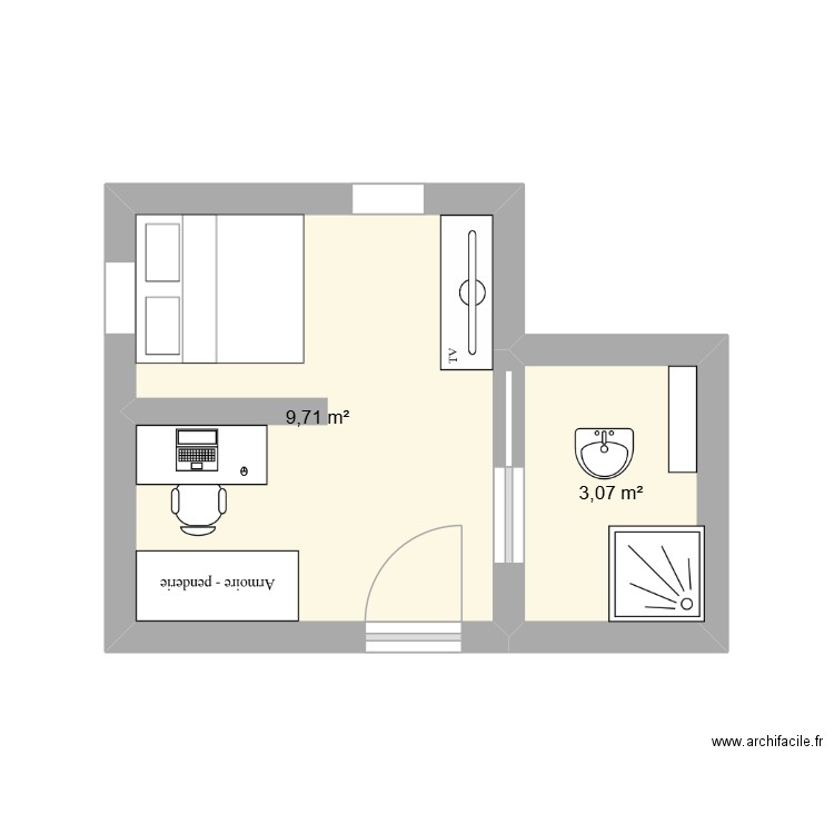 chambre. Plan de 2 pièces et 13 m2