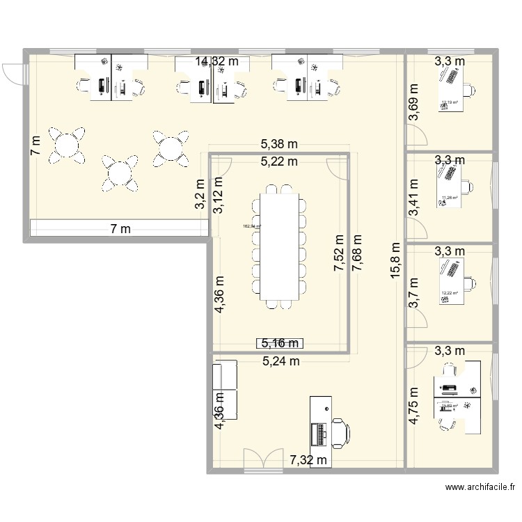 Bureau Bron. Plan de 5 pièces et 214 m2