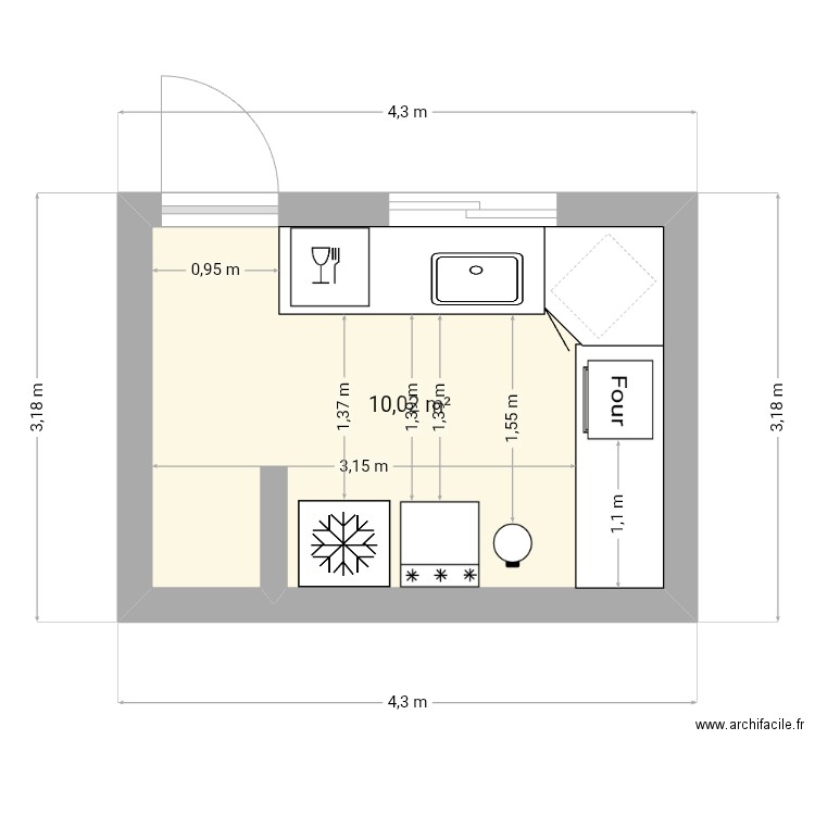 Cuisine. Plan de 1 pièce et 10 m2