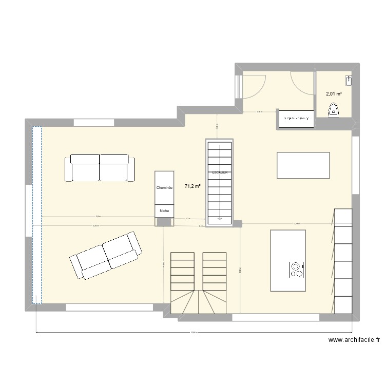 Cuisine. Plan de 3 pièces et 79 m2