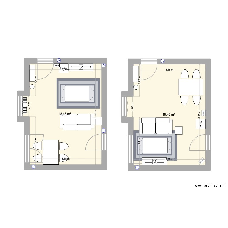 Salon. Plan de 2 pièces et 37 m2