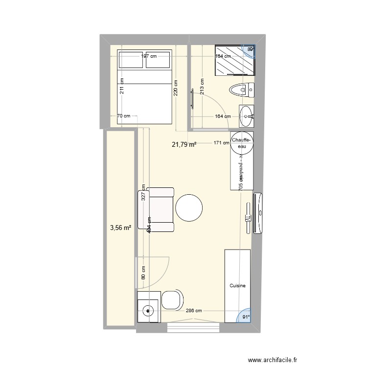 T1 - Droite. Plan de 2 pièces et 25 m2
