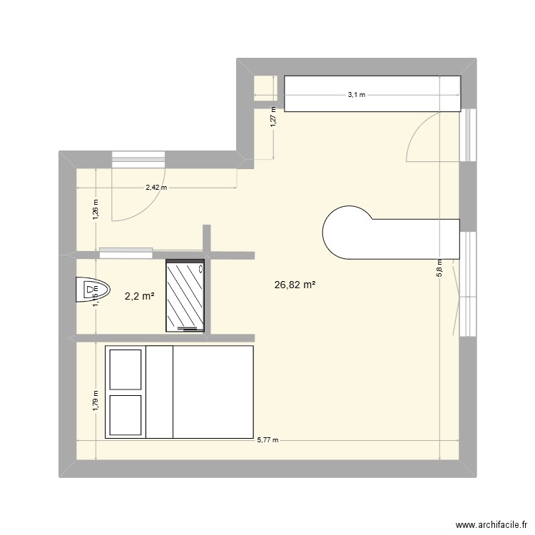Courbevoie. Plan de 2 pièces et 29 m2