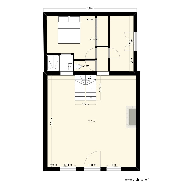 rdc. Plan de 3 pièces et 63 m2