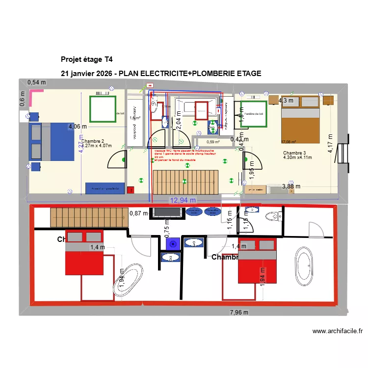 PLAN plomberie ETAGE 26 JANVIER 2026. Plan de 5  et 53 m²