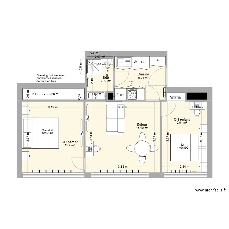 FINAL - Version T3 cuisine séparée. Plan de 8 pièces et 46 m2